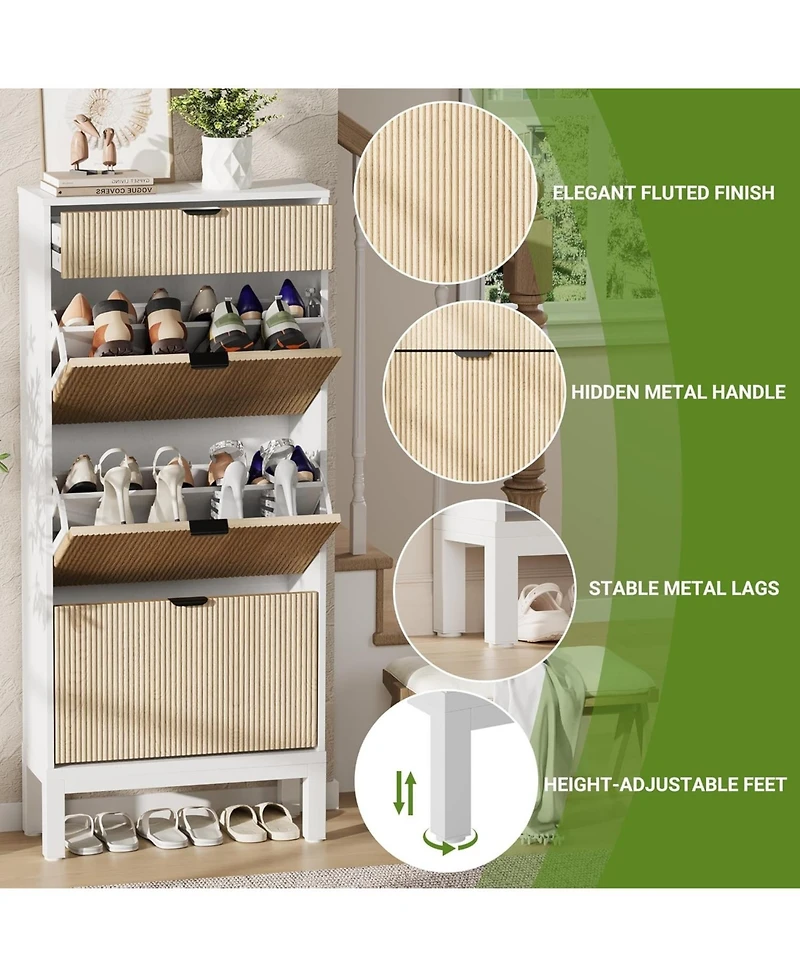 gaomon Shoe Cabinet with 3 Flip Doors & 1 Drawer – Slim Modern Fluted Shoe Organizer with Iron Legs, Freestanding Entryway and Hallway Shoe Rac