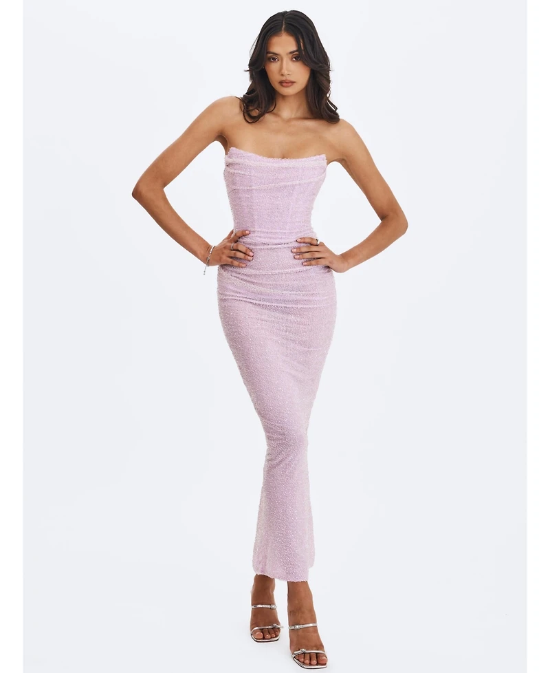 Miss Circle Women's Raylee Lilac Beaded Mesh Strapless Sheath Maxi Dress