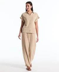 Rafaella Petite Roll Short Sleeve Shirt Drawstring Wide Leg Pants