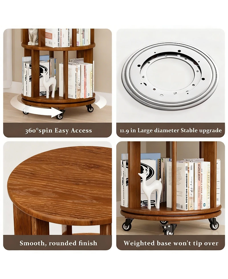 Yigii Rotating 6-Tier Walnut Bookshelf with Wheels for Space-Efficient Storage
