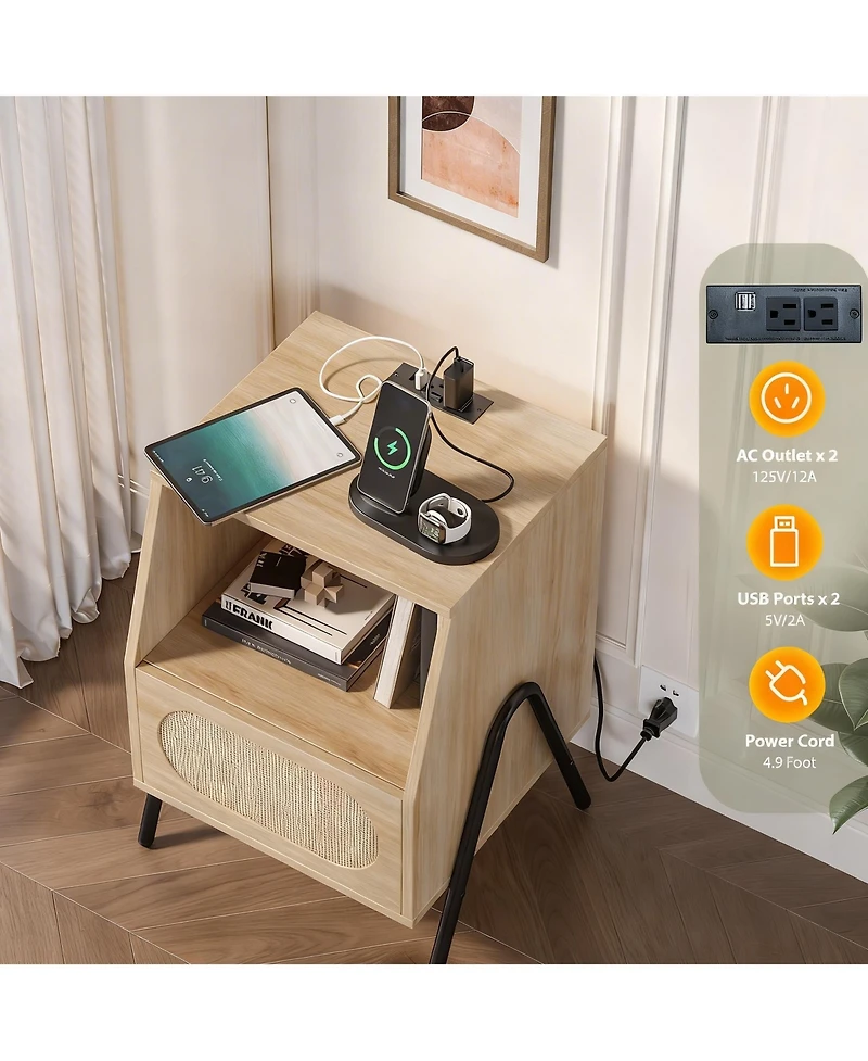 Yigii Rattan Nightstand with Charging Station and Storage