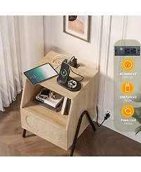 Yigii Rattan Nightstand with Charging Station and Storage