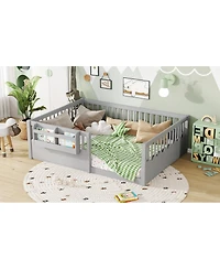 Streamdale Full Floor Bed with Fence and Bookshelf, Wood Kids Floor Bed, Gray.