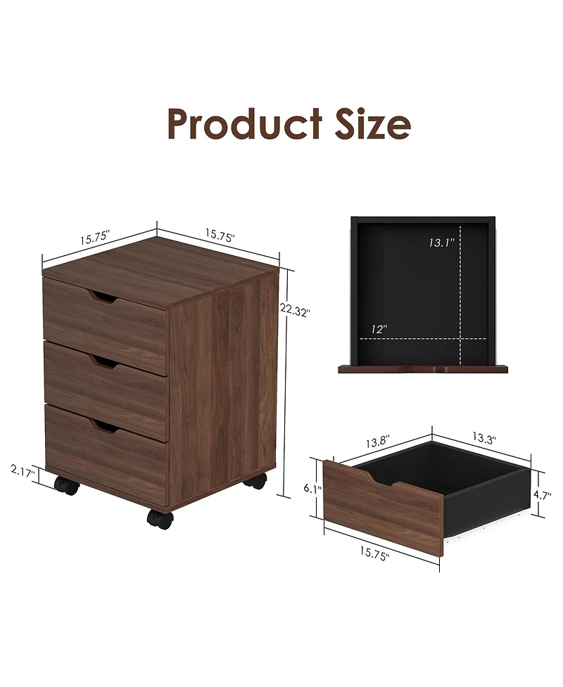 Rainsken 3-Drawer Vertical Filing Cabinet, Wood Mobile File Cabinet, Storage Cabinet with Wheels, Under Desk for Home Office