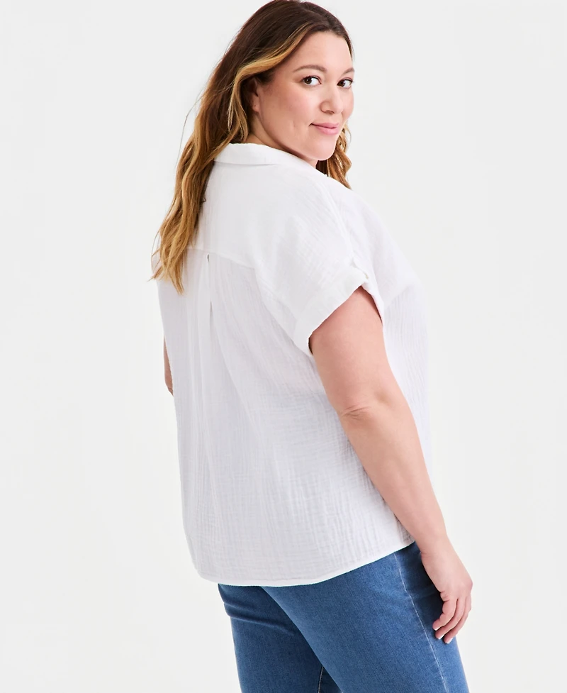 Style & Co Plus Cotton Gauze Collared Popover Top, Macy's Exclusive