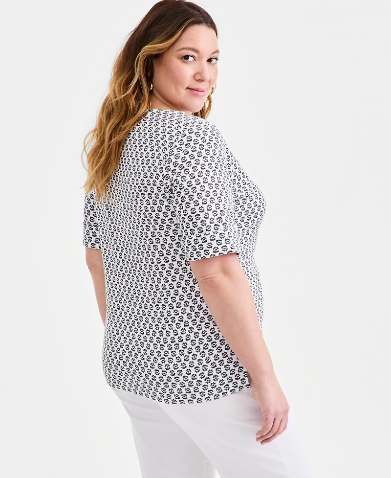 Style & Co Plus Printed Boat-Neck Elbow Sleeve Cotton Top