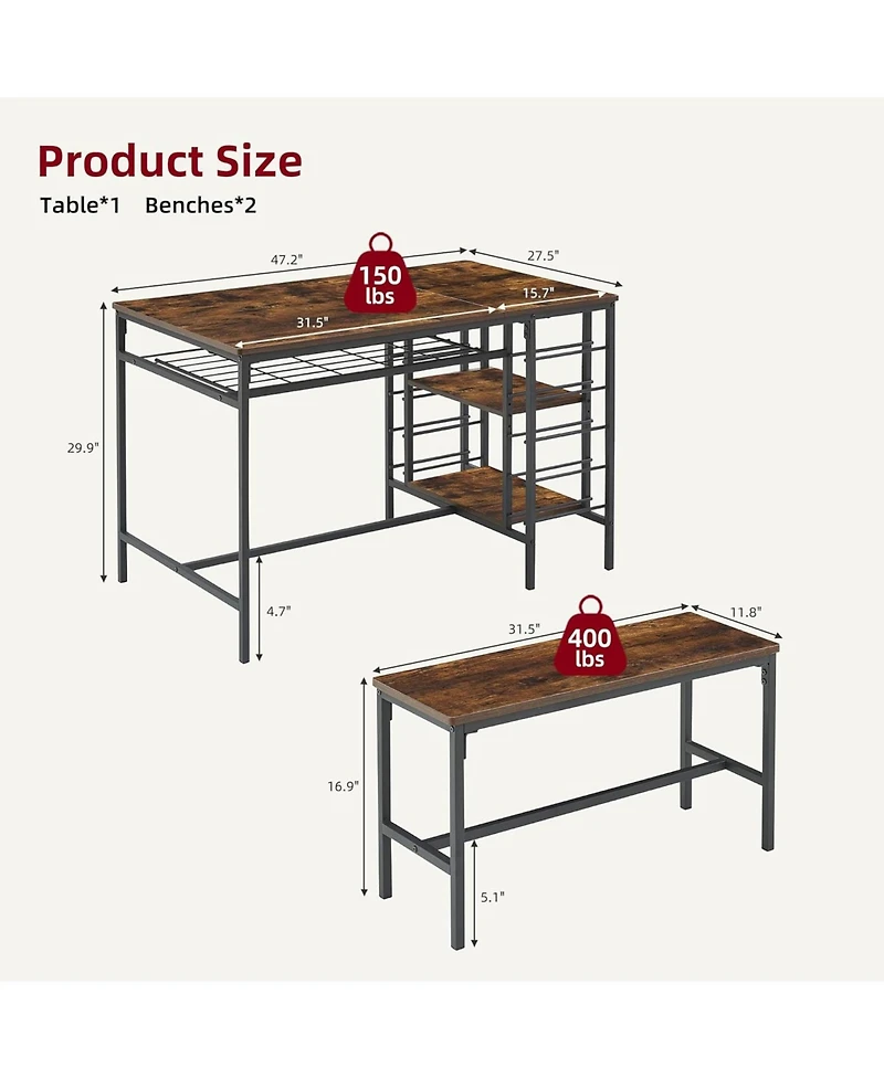gaomon Dining Table Set for 4 Kitchen Table with 2 Benches Rectangular Dining Room Table Set with Wine Rack and Storage Shelf 3 Piece Dining Table Set