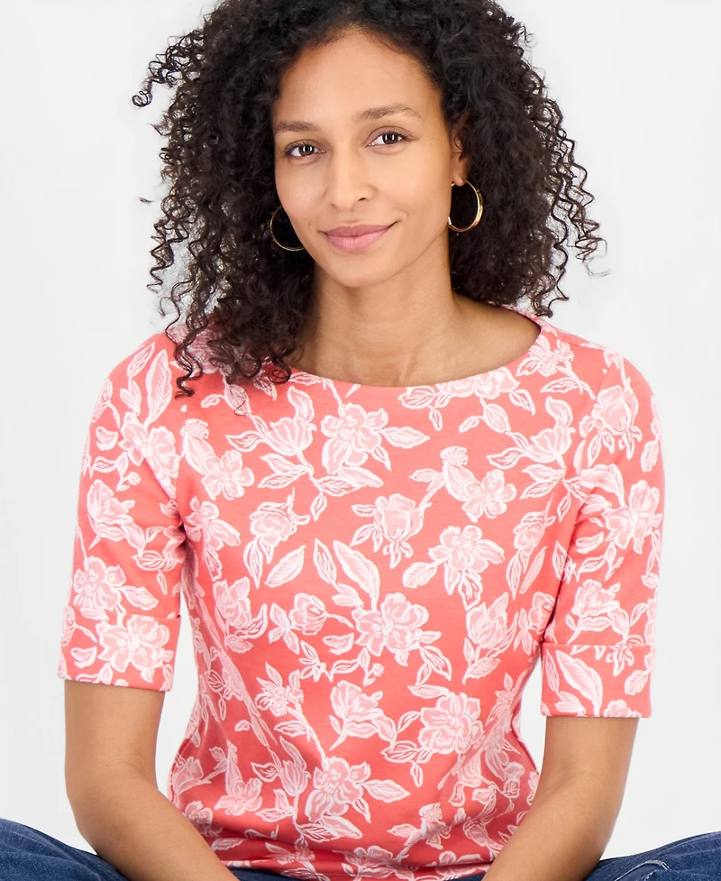 Style & Co Women's Printed Boat-Neck Elbow-Sleeve Top, Macy's Exclusive