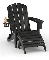 gaomon folding Adirondack chair with ottoman, Hdpe outdoor patio chair with cup holder, all weather wood texture for patios and gardens.