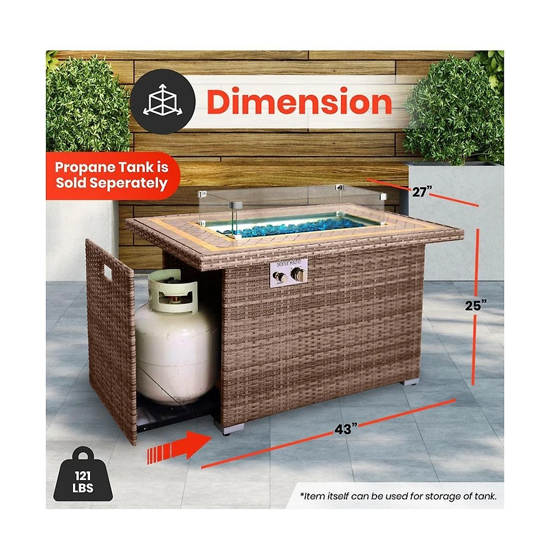 SerenelifeHome Outdoor Propane Fire Pit Table- 50,000 Btu Auto-Ignition Gas Fire Pit w/Glass Wind Guard, Mosaic Tabletop