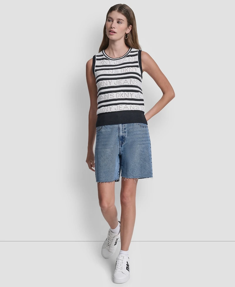 Dkny Jeans Women's Sleeveless Logo Pointelle Striped Sweater