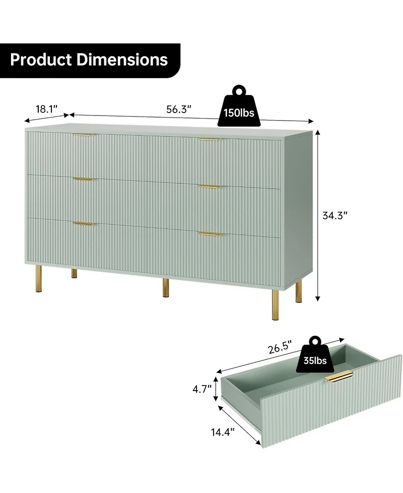 gaomon 6 Drawer Dresser for Bedroom, Large Chest of Drawers, Modern Wood Storage Dresser Organizer with Gold Metal Handles & Anti-Tipping Device