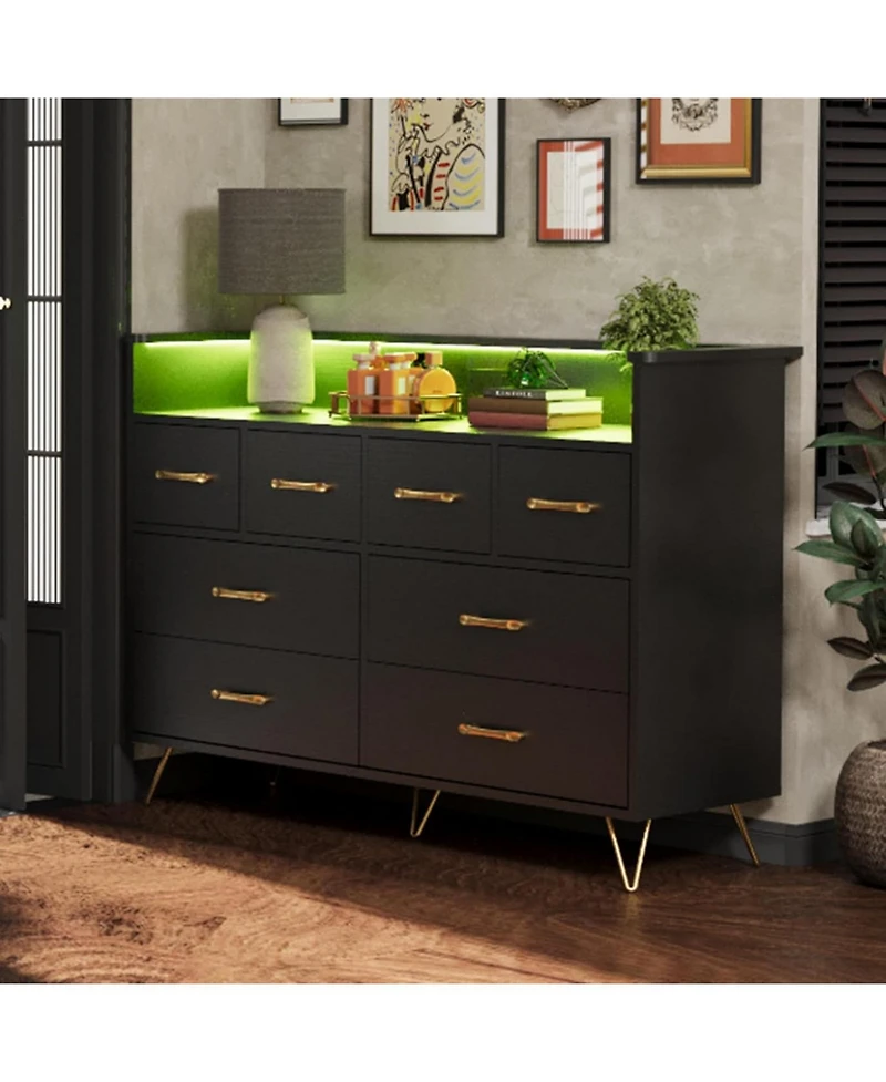 gaomon Dresser for Bedroom with Led Light & Charging Station, 8 Drawers Wooden Dressers with Open Space, Modern Chest of Wide Drawers
