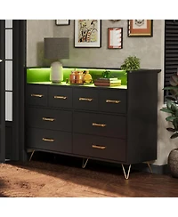 gaomon Dresser for Bedroom with Led Light & Charging Station, 8 Drawers Wooden Dressers with Open Space, Modern Chest of Wide Drawers