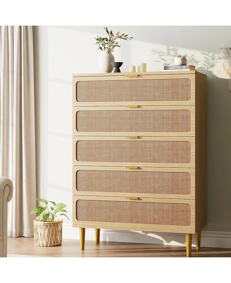 gaomon Rattan Dresser with 5 Drawers, Tall Modern Closet with Deep Storage, Large Chest of Drawers with Wide Top, Long Wooden Dresser