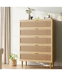 gaomon Rattan Dresser with 5 Drawers, Tall Modern Closet with Deep Storage, Large Chest of Drawers with Wide Top, Long Wooden Dresser