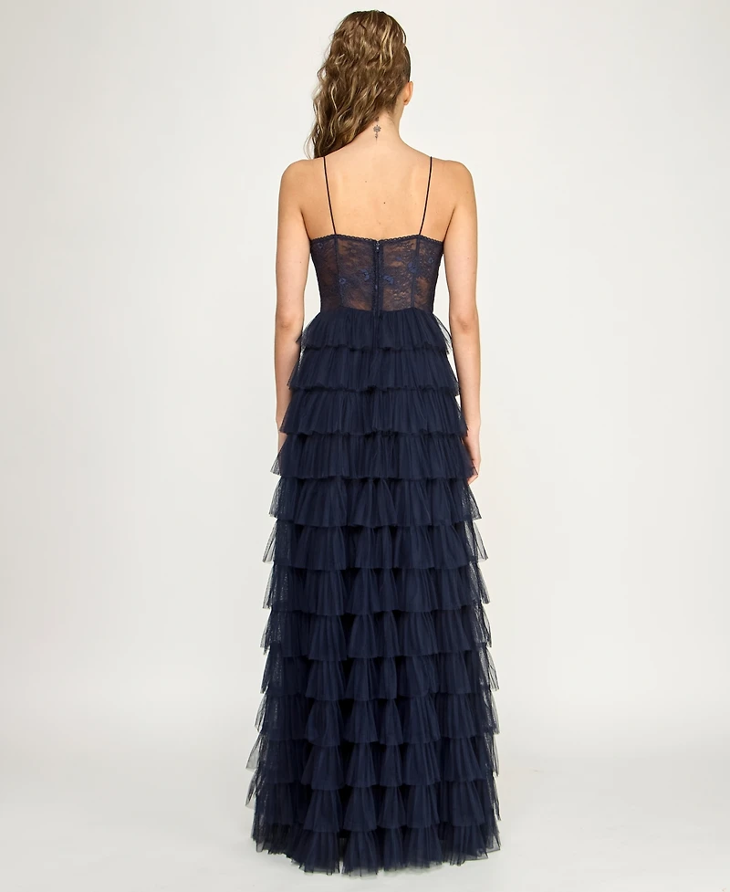 B Darlin Juniors' Lace Ruffled Sweetheart Sleeveless Gown, Created for Macy's