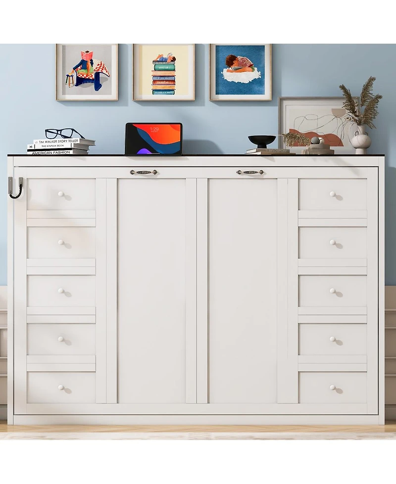 Streamdale Furniture Full Size Murphy Bed with Led Light, Foldable Cabinet