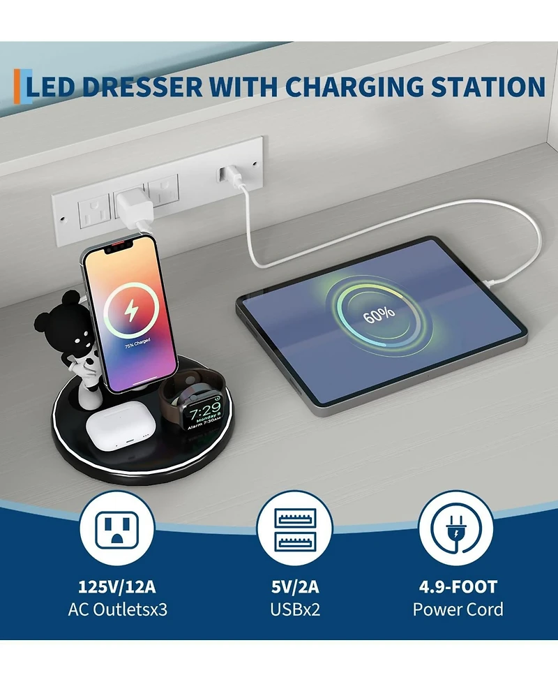gaomon Tall 4-Drawer Dresser with Rgb Lights & Charging Station, App Controlled Music Sync Led Dresser, Large Capacity Wooden Chest of Drawers