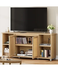 gaomon 70 Inch Tv Stand, Mid-Century Modern Entertainment Center with Rattan Cabinet Doors, Media Console with Open Shelves