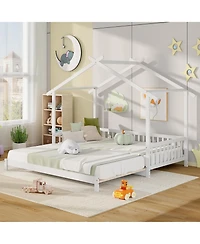 Sugift Extendable House Bed Twin to King Daybed with Roof and Fence Rails