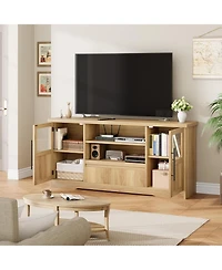 gaomon Retro Tv Stand for 75 Inch TVs, Wave Pattern Media Console with 2 Glass Door Cabinets & Open Shelves