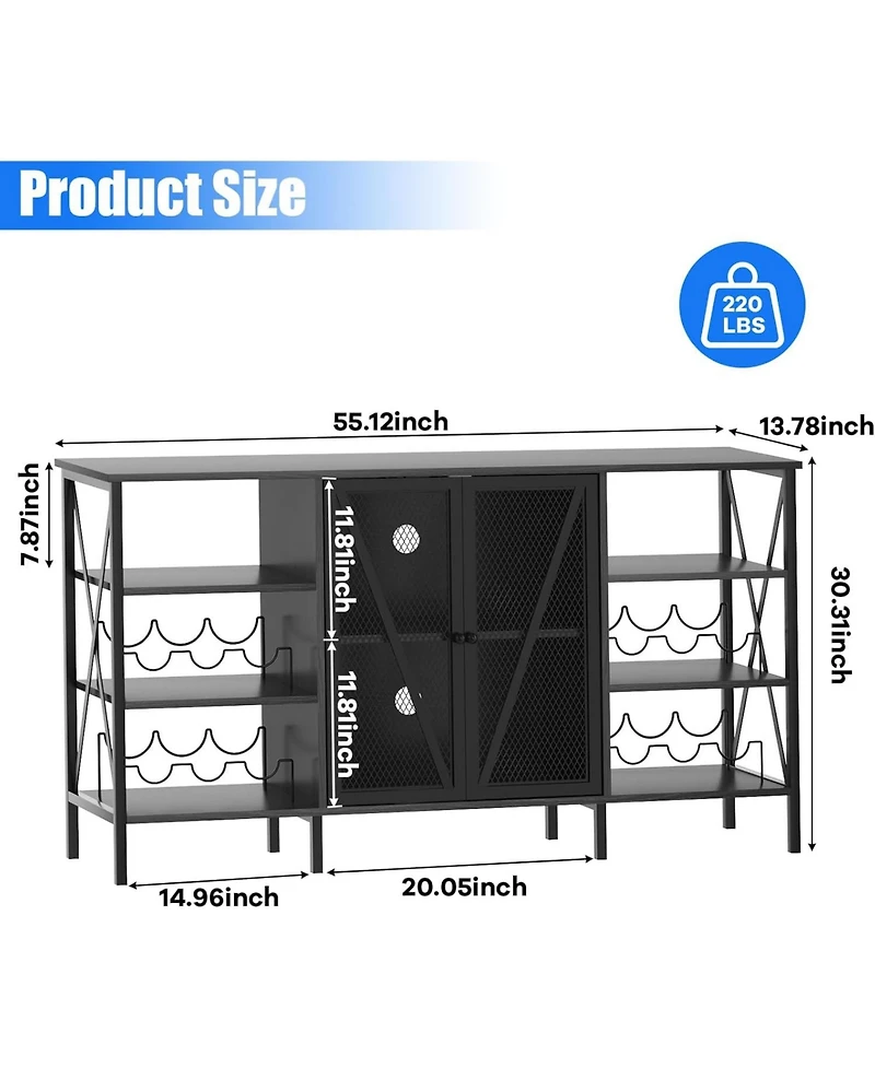 gaomon Farmhouse Wine Bar Cabinet with Wine Rack and Glass Holder Rustic Coffee Bar with Led Light Metal Sideboard and Liquor Table Cabinet