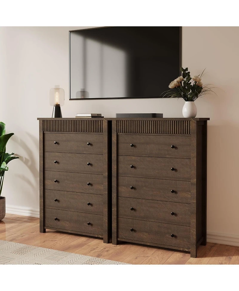 gaomon 5 Drawer Dresser for Bedroom Wooden Chest of Drawers Fluted Storage Organizer for Living Room Hallway and Entryway