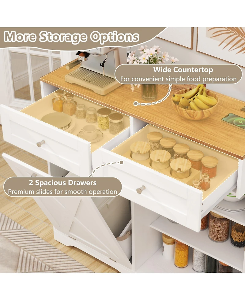 Sugift Tilt Out Trash Can Cabinet with Outlets and Adjustable Shelf