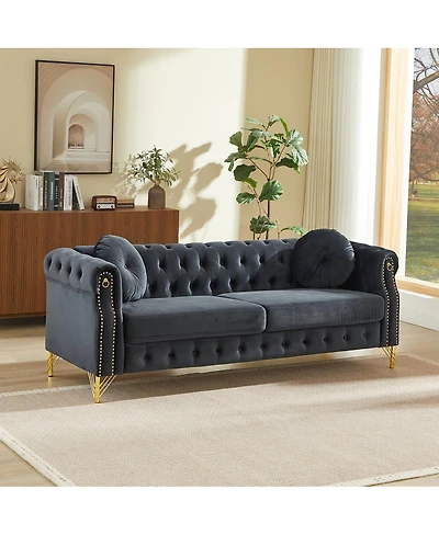 Streamdale Furniture Streamdale Velvet Chesterfield Sofa with Pillows & Studs