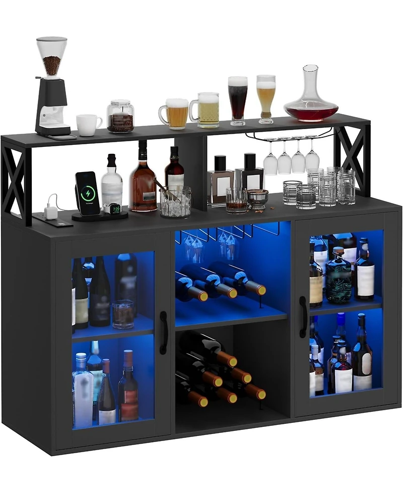 gaomon Wine Bar Liquor Cabinet with Led Lights, Glass Holder, Storage Shelves, and Rack for Home Kitchen or Coffee Bar