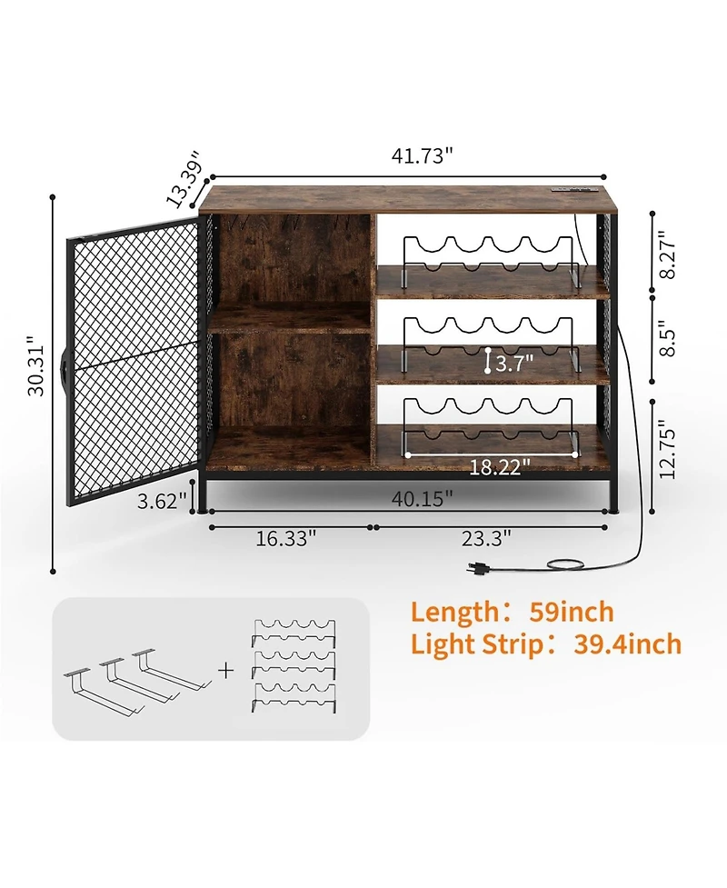 gaomon 42-Inch Industrial Coffee Bar Cabinet with Led Lights, Power Outlets, Wood Liquor Cabinet with Doors, Glass Holders & Storage