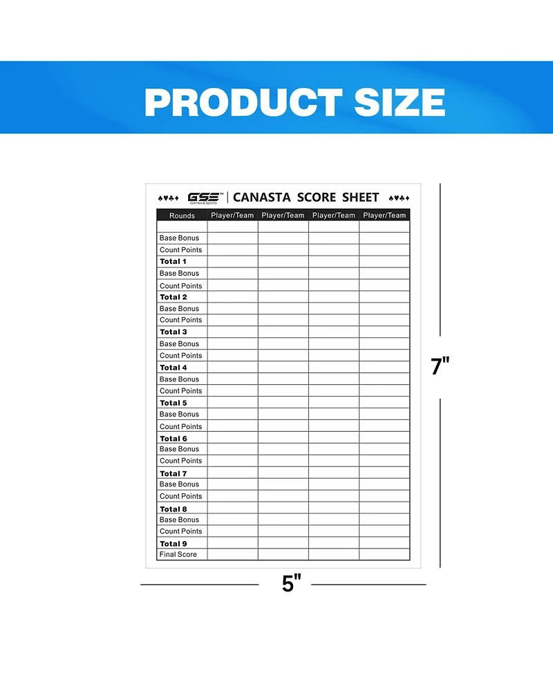 Gse Games & Sports Expert 100-Pack 7" x 5" Canasta Score Sheets, Canasta Score Sheet with Game Instructions & Trick Values
