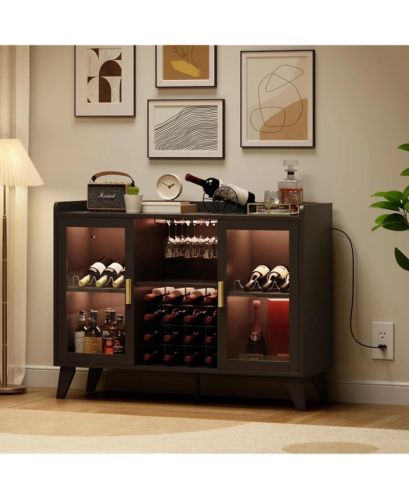 gaomon 47 Inch Wine Bar Cabinet with Led Lights Modern Liquor Cabinet with Wine Racks and Glass Holders Freestanding Kitchen Buffet Sideboard