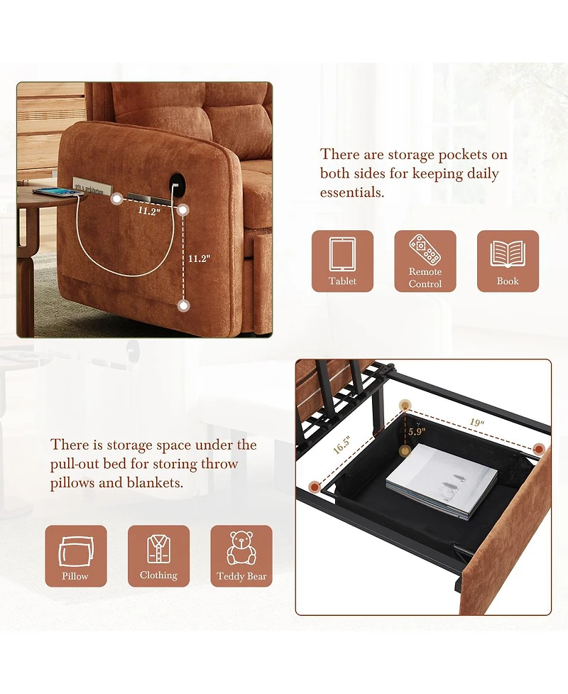 Streamdale Furniture 3-in-1 Sleeper Chair Bed, 80" Extra Long Pull Out Sofa with Usb Charging & Storage