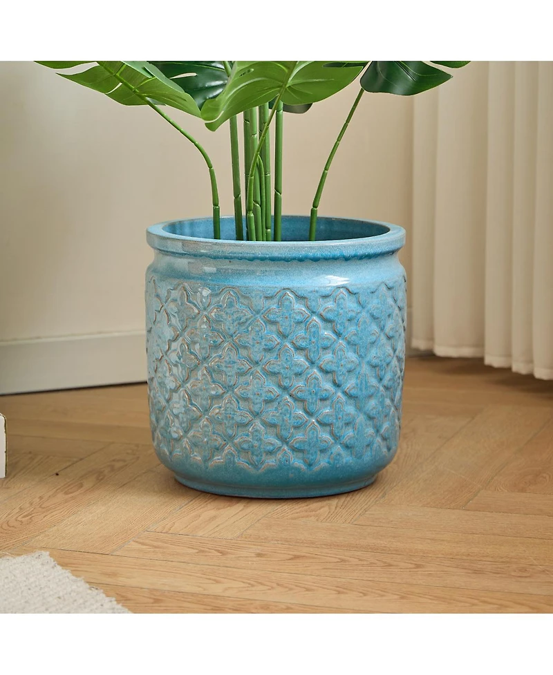 Streamdale Furniture Handmade Ceramic Flowerpot Set of 3, Blue Geometric Pattern, 15/12/9 Inch Diameter