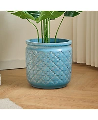 Streamdale Furniture Handmade Ceramic Flowerpot Set of 3, Blue Geometric Pattern, 15/12/9 Inch Diameter