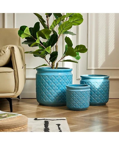 Streamdale Furniture Handmade Ceramic Flowerpot Set of 3, Blue Geometric Pattern, 15/12/9 Inch Diameter