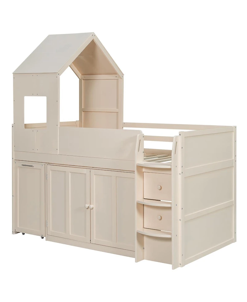 Streamdale Furniture Twin Size Wooden Loft Bed with Desk, Drawers,Cabinets