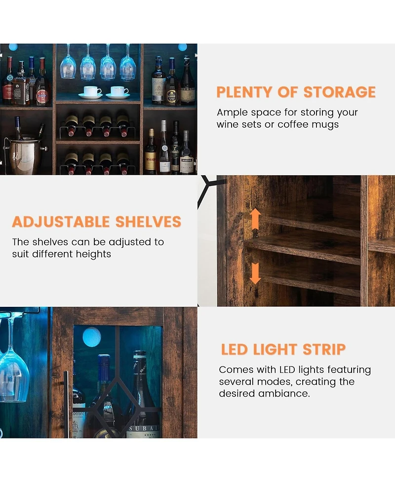 Gaomon Wine Bar Cabinet with Led Light and Detachable Rack Wine Cabinet with Mesh Door Liquor Cabinet with Glass Holder Coffee Bar for Liquor
