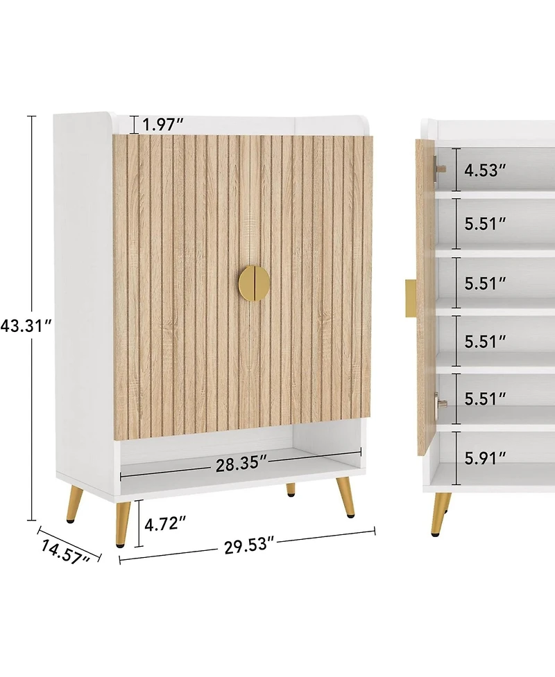 Rainsken 7-Tier Shoe Cabinet, Wooden Shoes Rack, Shoe Storage Organizer with Doors and Adjustable Shelves for Entryway