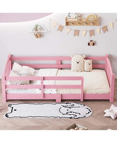 Streamdale Furniture Twin Montessori Floor Bed with Slats, Safety Guardrails, Solid Wood