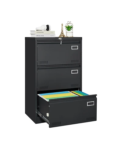 Rainsken 3 Drawer Lateral File Cabinet, Locking Metal File Cabinet