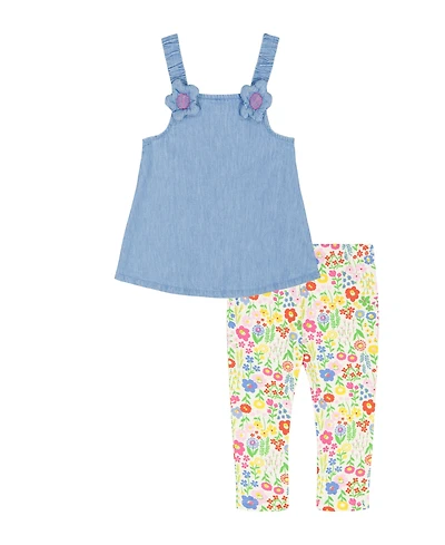 Kids Headquarters Girls' 2T-6X Denim Tunic Top and Print Capri Leggings, 2 Piece-Set