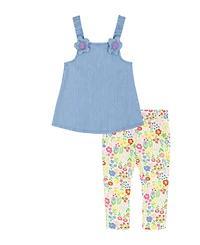 Kids Headquarters Girls' 2T-6X Denim Tunic Top and Print Capri Leggings, 2 Piece-Set