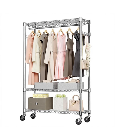 Rainsken Heavy Duty Garment Rack on Wheels, 3 Tiers Adjustable Wire Shelving, Clothes Rack with 1 Rods and Side Hooks for Bedroom and Wardrobe, Chrome