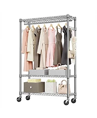 Rainsken Heavy Duty Garment Rack on Wheels, 3 Tiers Adjustable Wire Shelving, Clothes Rack with 1 Rods and Side Hooks for Bedroom and Wardrobe, Chrome