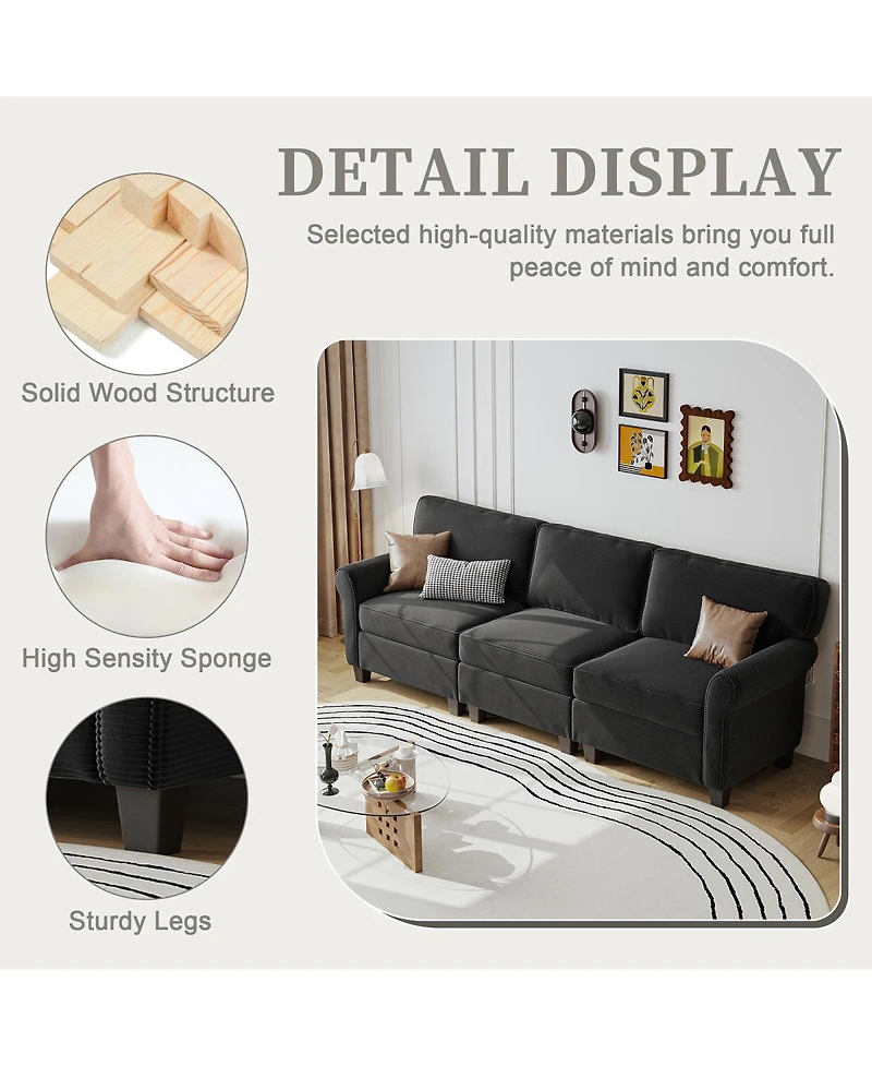 Streamdale Furniture 94" 3-Seater Corduroy Sofa Couch with Deep Seats & Removable Cushions