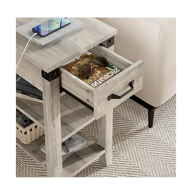 Gaomon End Table with Usb Ports and Outlets, Flip Top Side Table Narrow Bedside Table with Drawer and Storage Shelves for Living Room