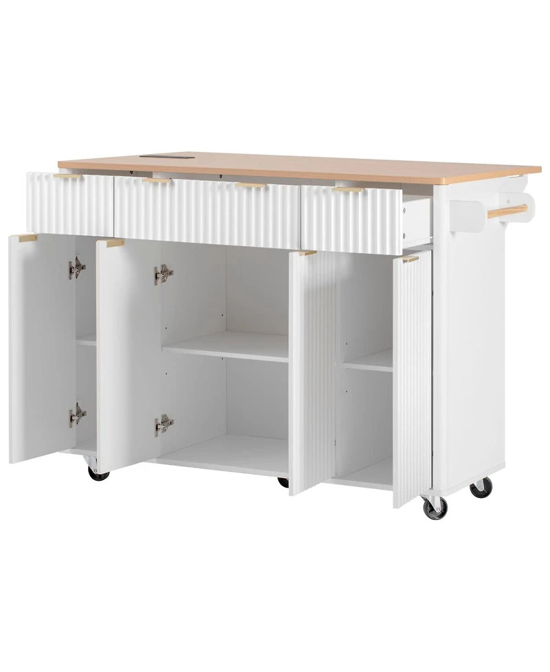 Streamdale Furniture Fluted Kitchen Island with Storage, Drop Leaf, Power Outlet, 4 Doors, 3 Drawers